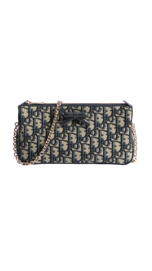Oblique Bow Pouch with Chain in Blue Dior Oblique Jacquard