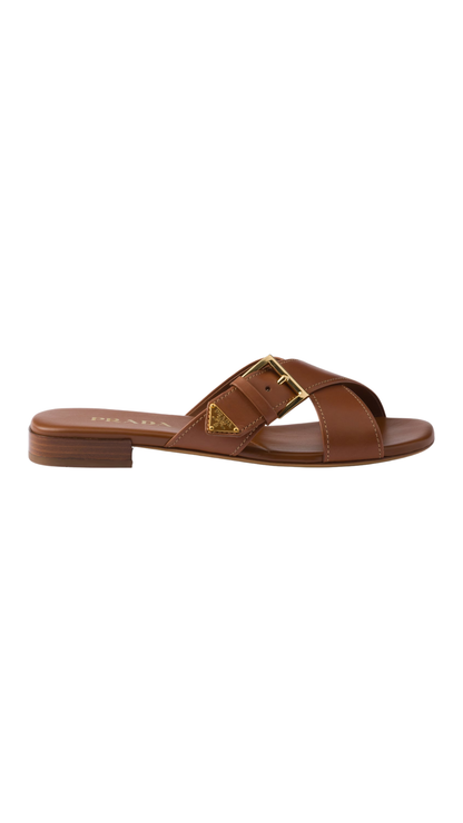 Leather Crisscross Slides with Buckle in Light Tan