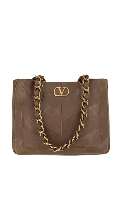 Laseine Small Shopping Bag In Brown Chevron-Patterned Nappa Leather