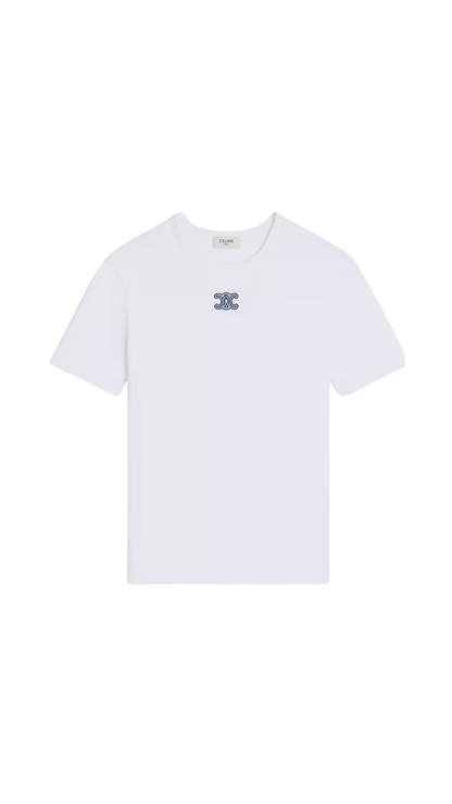 Triomphe T-Shirt In Off White / Navy Ribbed Cotton Jersey