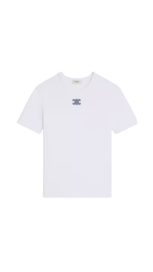 Triomphe T-Shirt In Off White / Navy Ribbed Cotton Jersey