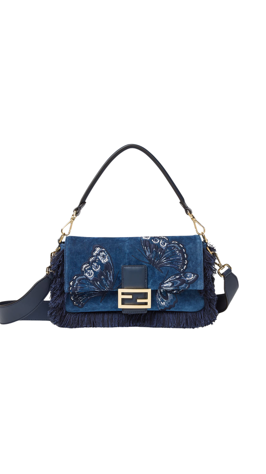 Baguette® Blue Flocked Denim Bag with Night Butterfly