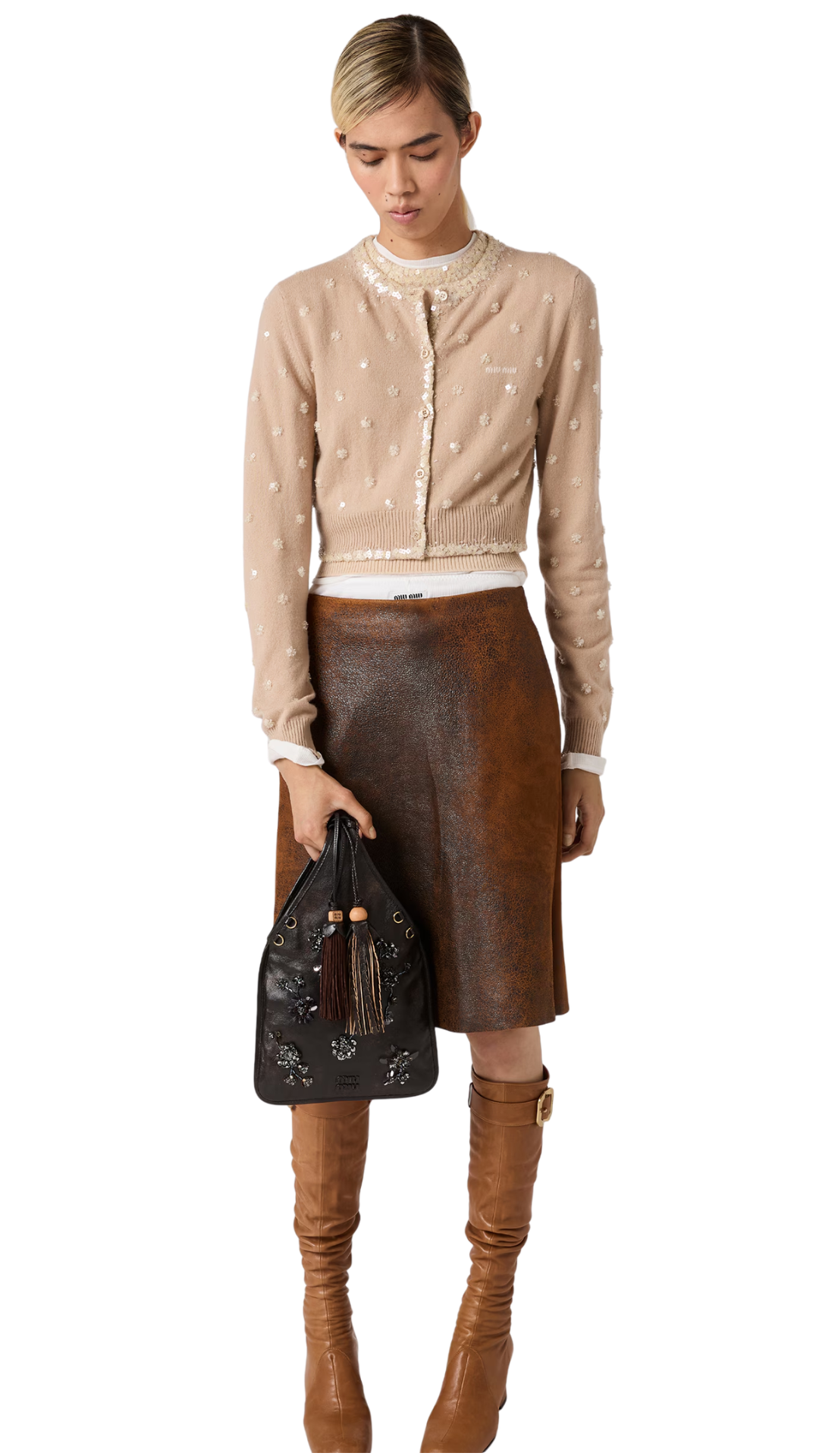 Embroidered Nappa Leather Handbag in Coffee