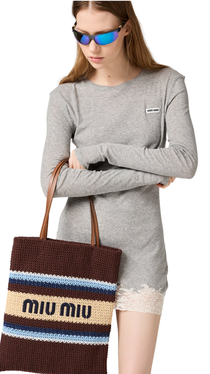 Raffia-Effect Woven Tote Bag in Cocoa Brown/Celeste/Natural