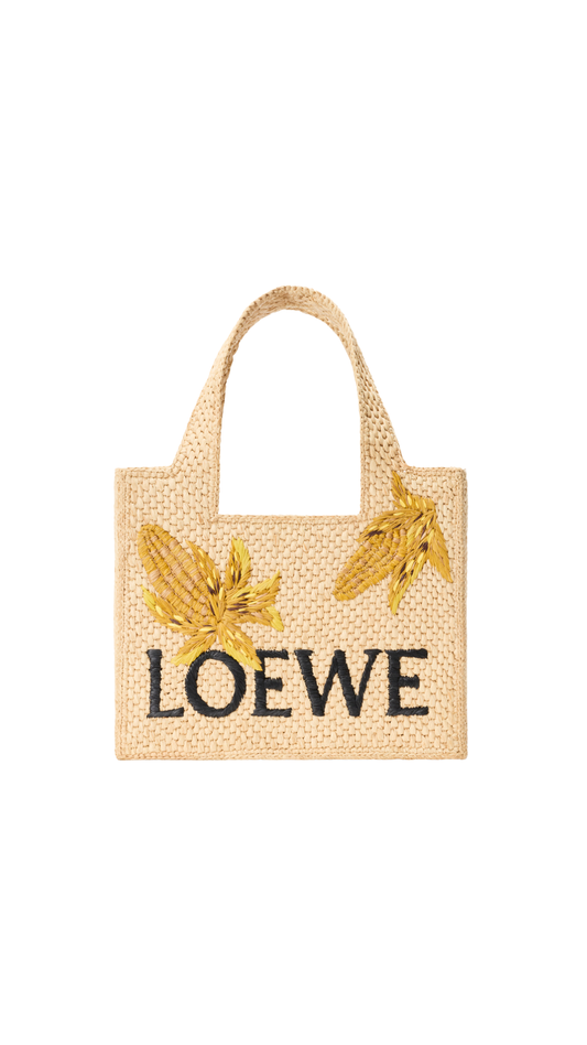 Small Loewe Font Tote In Natural/Mustard Raffia