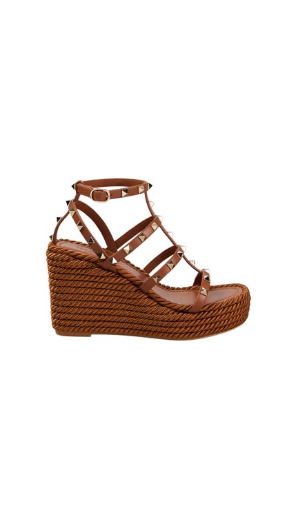Rockstud Ankle Strap Wedge Sandal In Calfskin Leather 95 Mm