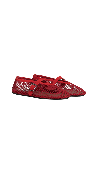 Ballet Flats In Red Fishnet And Suede