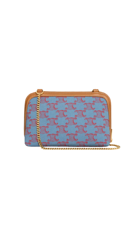 Clutch On Chain In Textile With Triomphe All Over And Natural Calfskin Denim Blue / Red