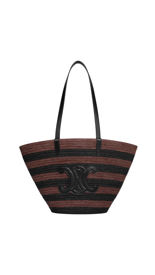 Couffin Celine Classic Panier In Striped Raffia And Calfskin Black / Brown