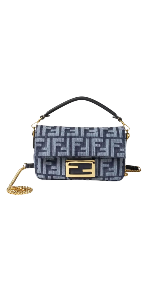 Baguette® Mini in Dark Blue Denim-Effect FF Jacquard Bag