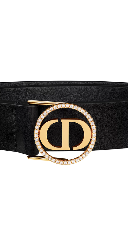 30 Montaigne Circled Belt in Black Smooth Calfskin and Silver-Tone Crystals