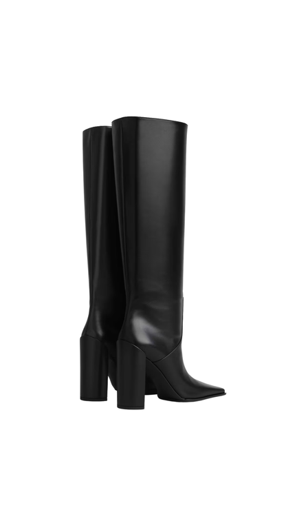 Square Knee Boots in Black Calfskin