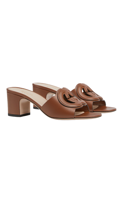 Women's Slide Sandal with Interlocking G in Brown Leather