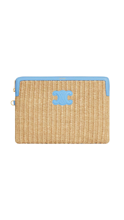 Small Pouch With Strap In Raffia Effect Textile And Calfskin
