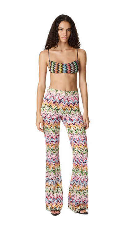 Flared Pants in Stretch Viscose with Lace Pattern and Zigzag Motif