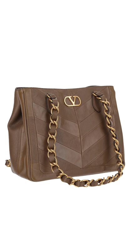 Laseine Small Shopping Bag In Brown Chevron-Patterned Nappa Leather