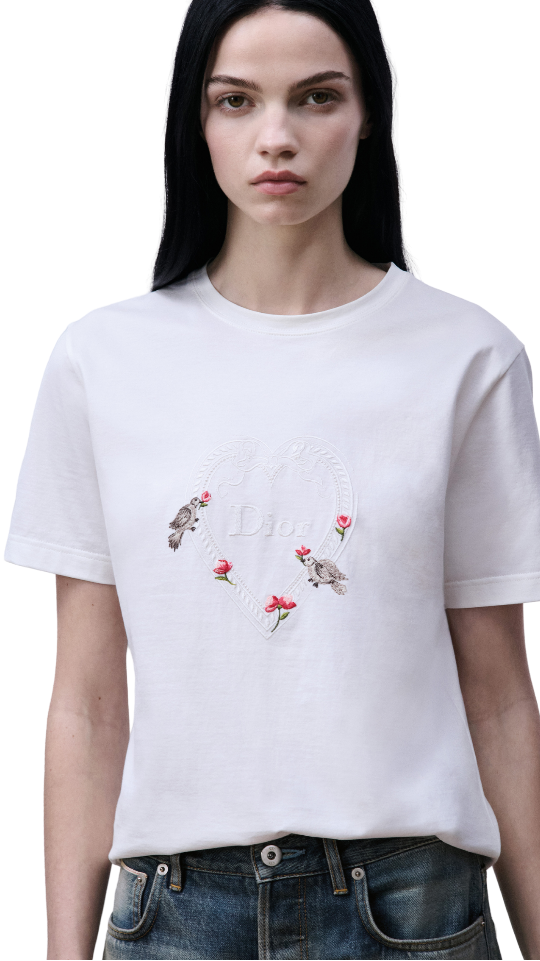 Camiseta entallada Dioramour de algodón blanco con motivo de palomas y rosas multicolor