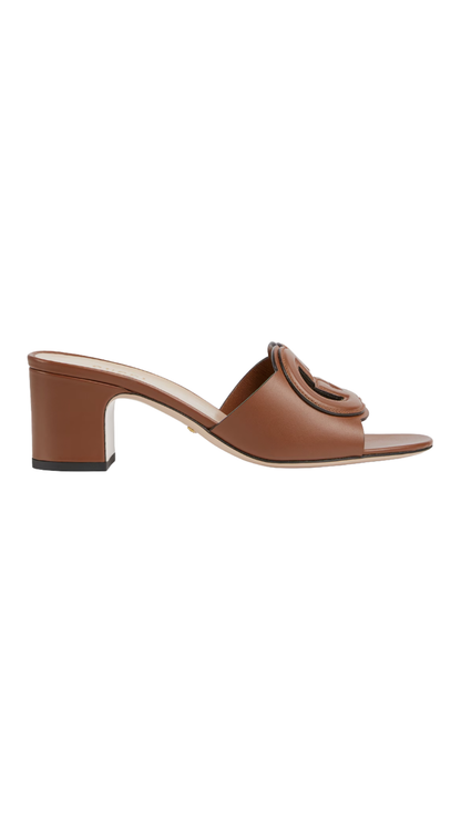 Women's Slide Sandal with Interlocking G in Brown Leather
