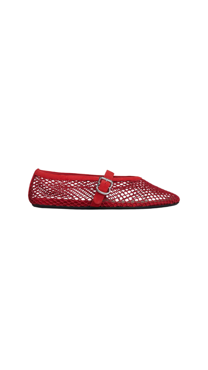 Ballet Flats In Red Fishnet And Suede