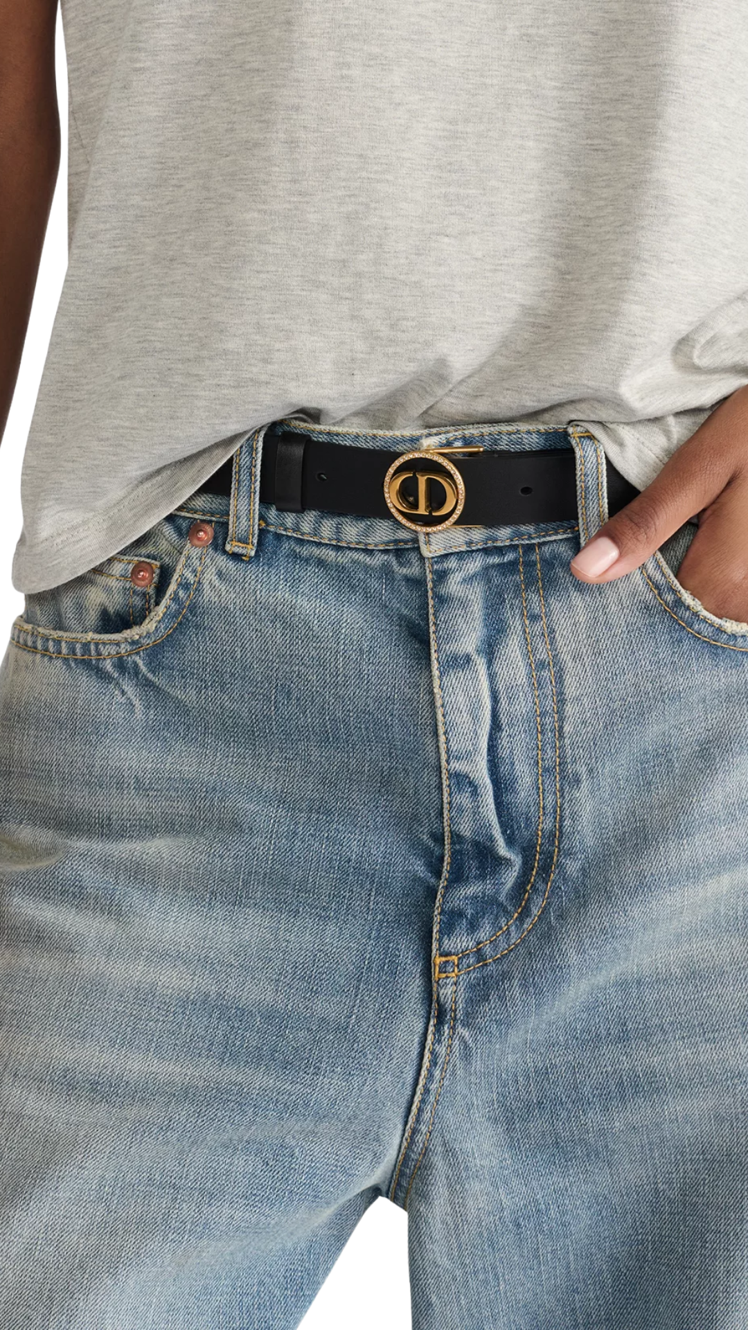 30 Montaigne Circled Belt in Black Smooth Calfskin and Silver-Tone Crystals