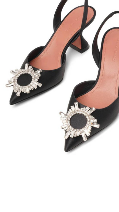 Begum Sling 70 Crystal Embellished Black Satin Pumps in Black