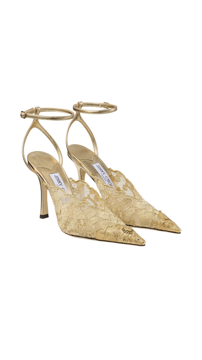 Faiz 100 Gold Metallic Jimmy Choo Lace Pumps with Metal Lace Detail